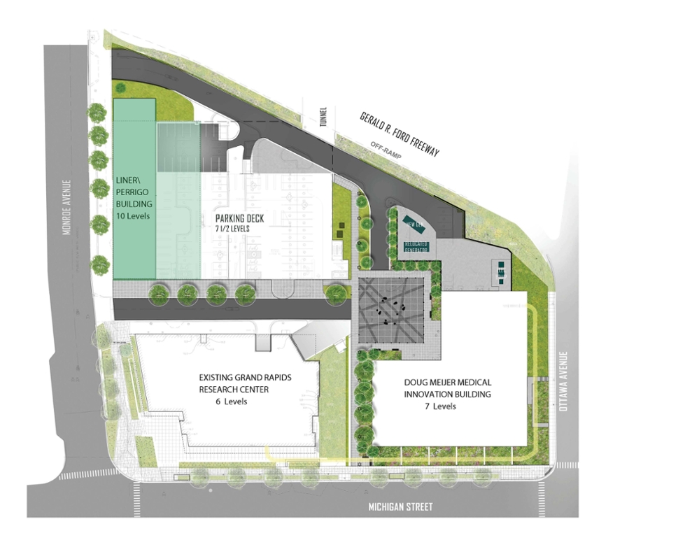 Map of current Grand Rapids Research Center lot with two proposed buildings and a parking deck. The current building is located on the southwest corner of the lot on the corner of Michigan Street and Monroe Avenue. The second building is planned east of the current building. The third building is north of the current building. The parking deck is planned for the northeast corner of the lot.